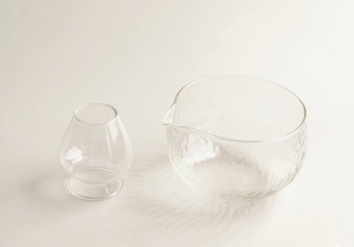 Clear "Ocean Wave" Glass Matcha Bowl Set (Katakuchi Style)