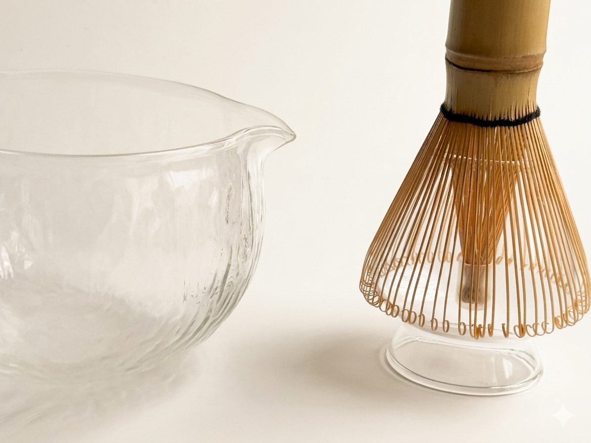 Clear "Ocean Wave" Glass Matcha Bowl Set (Katakuchi Style)