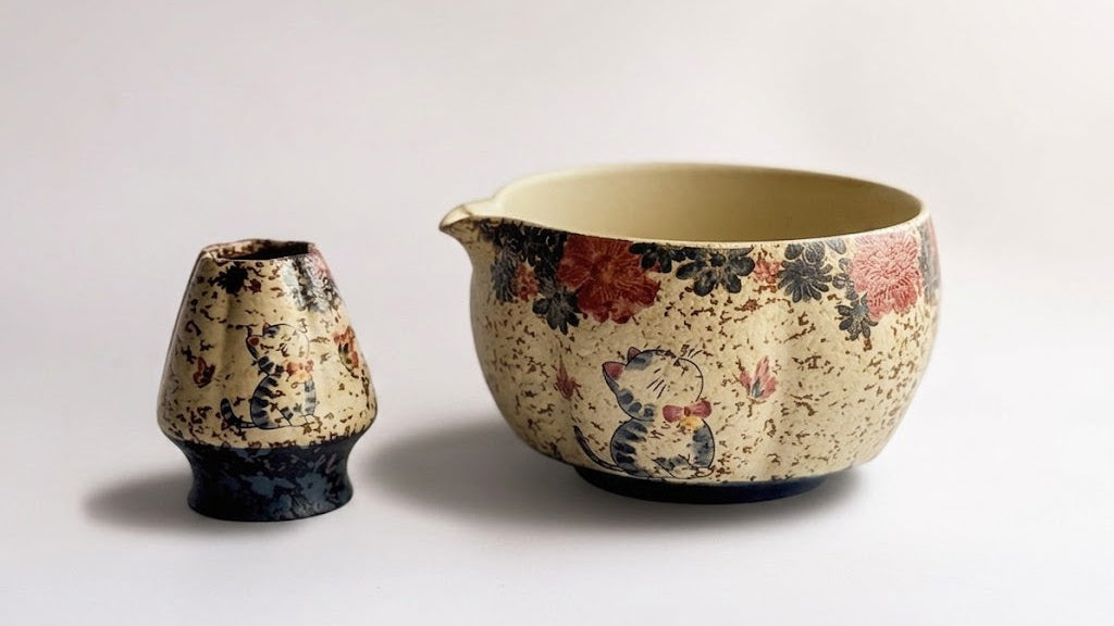 Handmade "Neko" Katakuchi Matcha Bowl | Aesthetic Cat & Floral Design