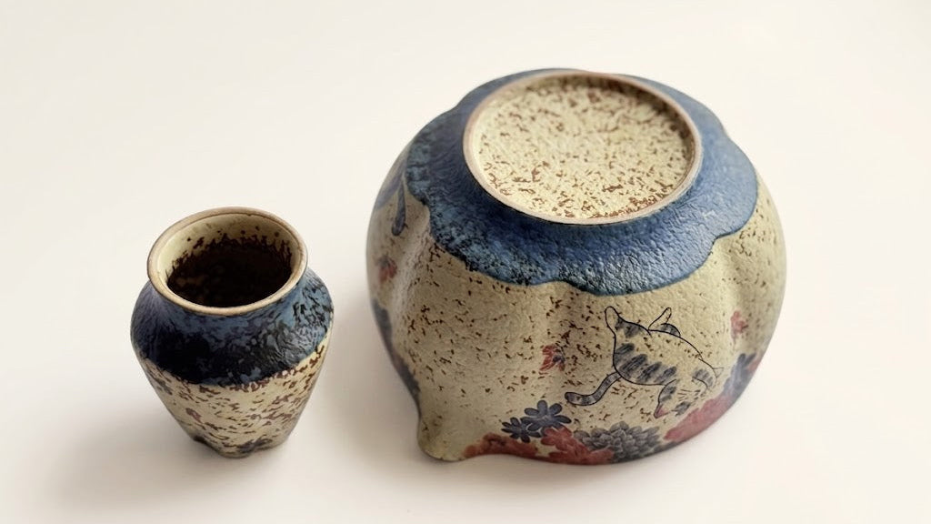Handmade "Neko" Katakuchi Matcha Bowl | Aesthetic Cat & Floral Design